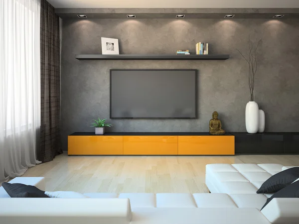 Modern interior with orange cabinet and TV — Stock Photo, Image