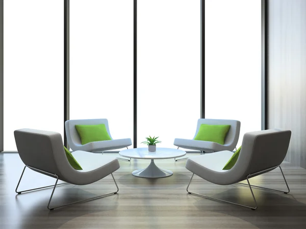 Moderní interiér se čtyřmi křesly a coffe tabulka — Stock fotografie