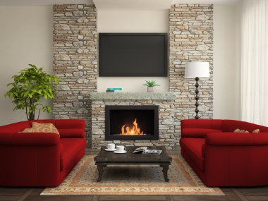 Modern interior with red sofas and fireplace clipart