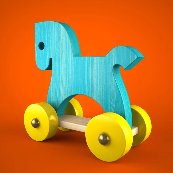 Blauwe houten paard op rode achtergrond (symbool van het nieuwe jaar 2014) — Stockfoto