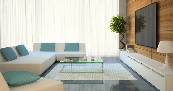 Interior moderno com sofás brancos e tv — Fotografia de Stock