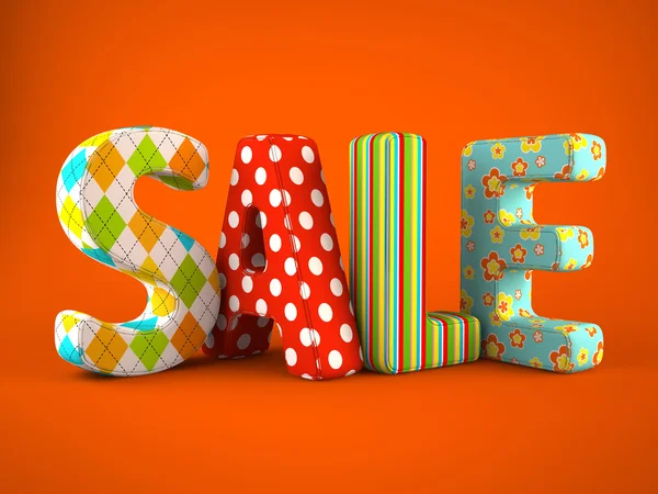 Sale word colorfull fabric on grey background — Stock Photo, Image