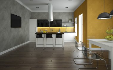 Modern bir mutfak ve yemek odası.