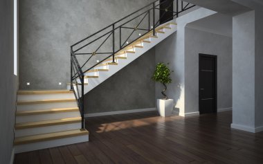Part of the classical interior, staircase view with plant and do clipart