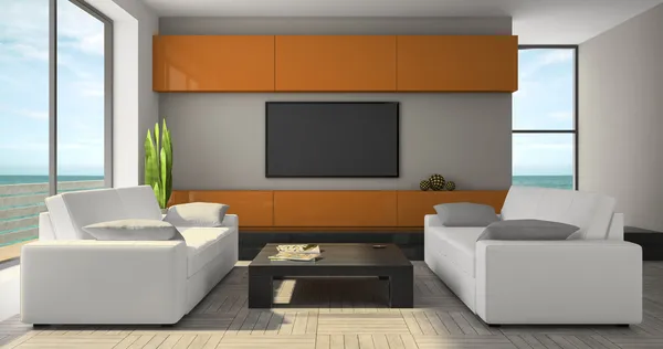 Interior moderno com armário laranja e vista para o mar — Fotografia de Stock