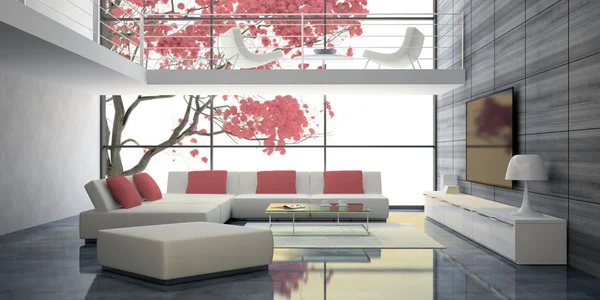 Interior moderno com sofás brancos e travesseiros rosa — Fotografia de Stock