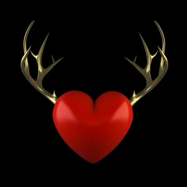 Červené srdce s zlaté parohy na černém pozadí — Stock fotografie