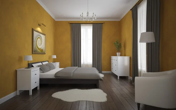 寄せ木細工の床とオレンジ色の寝室 — ストック写真