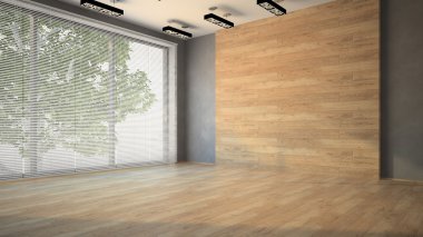 Empty room with wooden  wall 3D