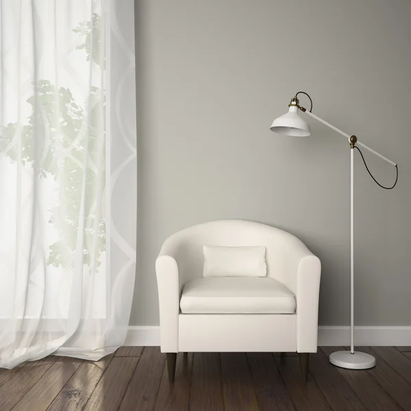Deel van interieur met witte leunstoel — Stockfoto