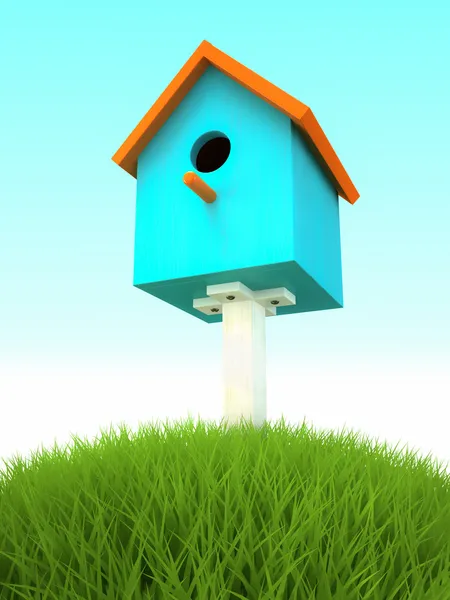 Caixa de nidificação azul na grama — Fotografia de Stock