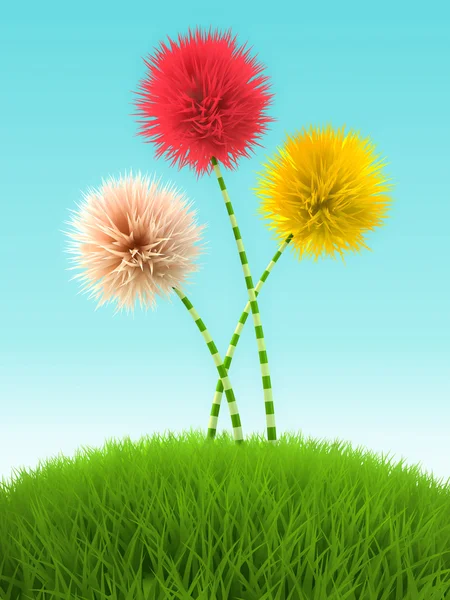 Three clover flowers in the grass on blue background — Stock Photo, Image