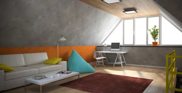 Intérieur d'un loft moderne avec rampe jaune et mur orange — Photo