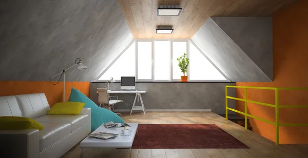 Interior de un loft moderno con barandilla amarilla — Foto de Stock