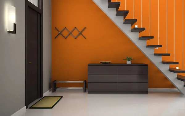 Pasillo con pared naranja y escalera — Foto de Stock