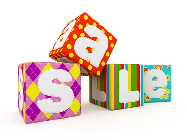 Verkaufswort auf bunten Stoffwürfeln auf weißem Hintergrund 3 — Stockfoto
