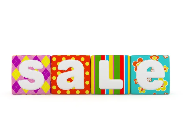Verkaufswort auf bunten Stoffwürfeln auf weißem Hintergrund 8 — Stockfoto