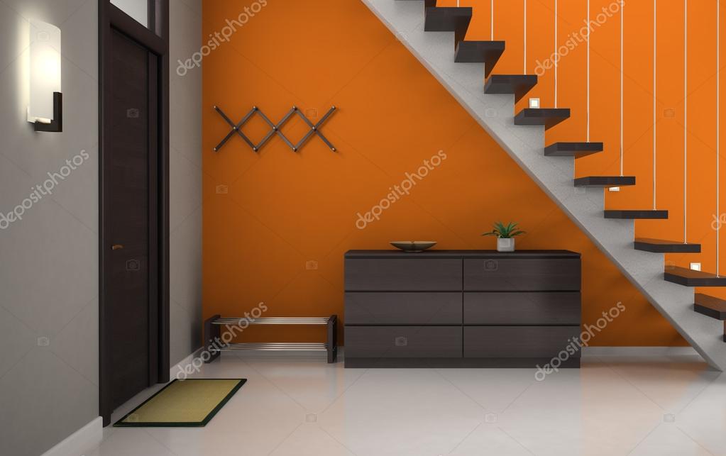 Hallway with orange wall and stair — Stock Photo © hemul75 51448627