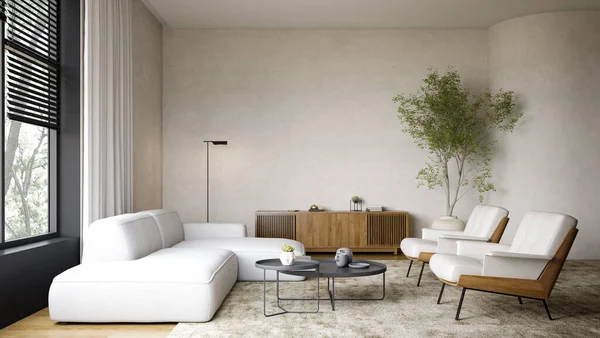 Minimalist Interior of modern living room 3D rendering