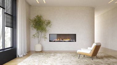 3D şömineli modern oturma odasının içi.