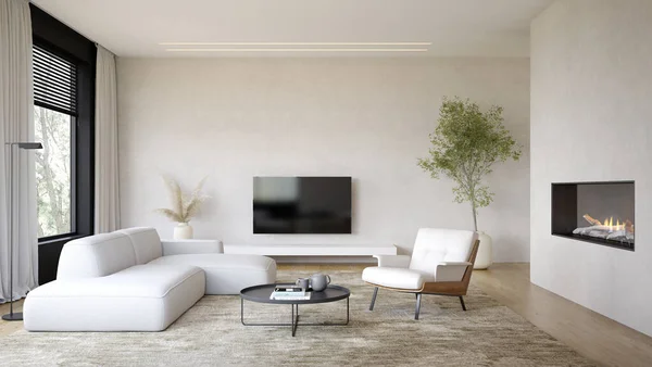 Interior da moderna sala de estar com lareira 3D renderização — Fotografia de Stock