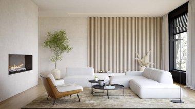 3D şömineli modern oturma odasının içi.