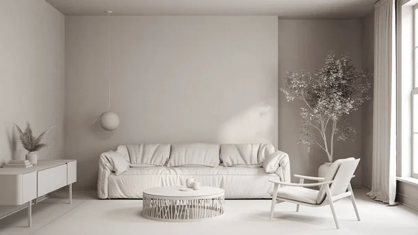 现代客厅的简约主义室内3D渲染 — 图库照片