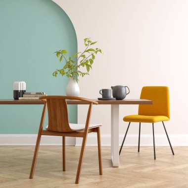 Yemek odası 3D görüntülemesinin minimalist iç mekanı