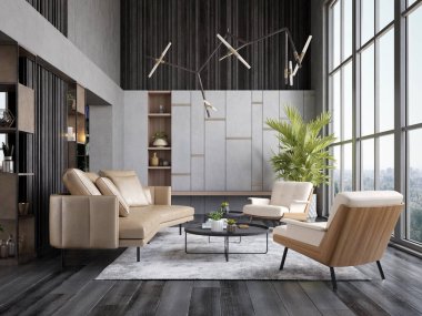 Modern tarz kavramsal içmimari oda 3D illüstrasyon