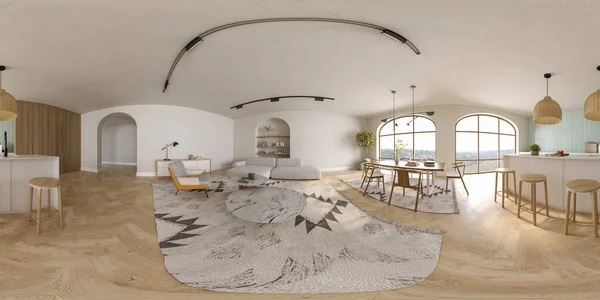 360 panorámica de la sala interior moderna 3D renderizado — Foto de Stock