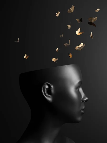 女人的头和蝴蝶飞着自由和自由的黑色背景 3D渲染 — 图库照片