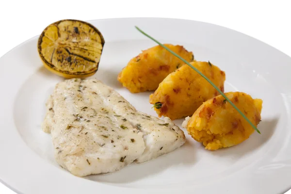 Fish fillet with potato patties — Stock Photo, Image
