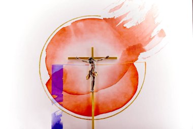 İsa Mesih 'in çarmıha gerilmesi arka plandaki beton duvara asılı. Kırmızı bir leke kan görüntüsü yaratıyor..