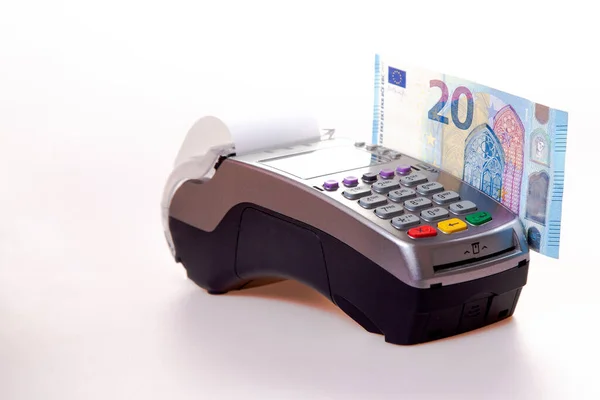 Cashless Pos Terminal Payments Check Tape Euro Banknote — Stock Photo, Image