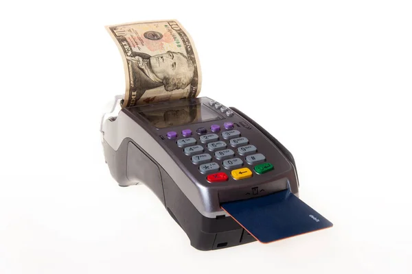 Bezhotovostní Pokladní Terminál Pro Platby Dolarové Bankovky Kreditní Karty — Stock fotografie