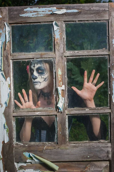 Menina Gótica Thistle Person Uma Máscara Carnaval Máscara Morte Mexicana — Fotografia de Stock