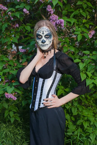 Chica Gótica Thistle Person Una Máscara Carnaval Mascara Muerte Mexicana — Foto de Stock