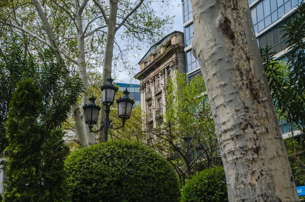 Bir bina parçası ve parkta bir şehir lambası. Klasik mimari.