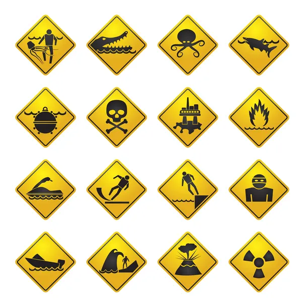 Warning Signs for dangers in sea, ocean, beach and rivers — Stock Vector