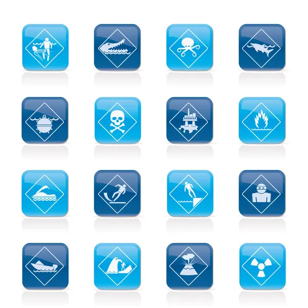 Warning Signs for dangers in sea, ocean, beach and rivers — Stock Vector