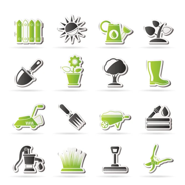 Herramientas de jardinería y objetos iconos — Vector de stock