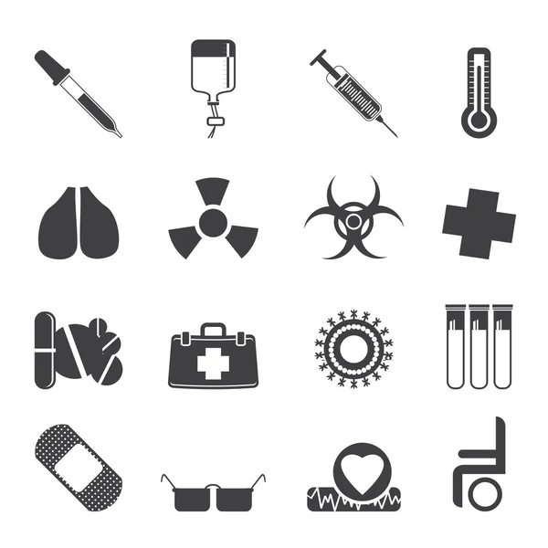 Colección de siluetas de iconos temáticos médicos y señales de advertencia — Archivo Imágenes Vectoriales