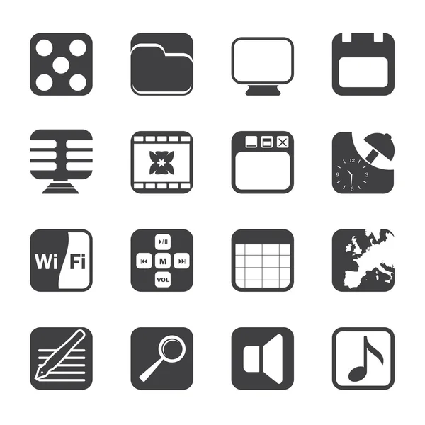 Prestazioni del telefono di silhouette, Internet e icone dell'ufficio — Vettoriale Stock