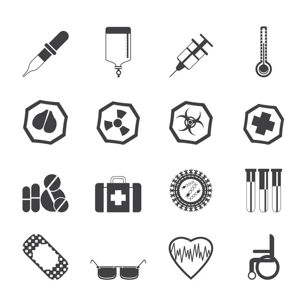 Sylwetka prostych ikon o tematyce medycznej i znaki ostrzegawcze — Wektor stockowy