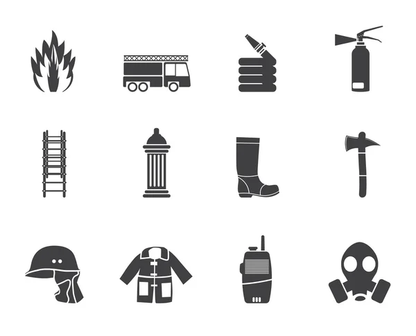 Silhouette fire-brigade and fireman equipment icons — Stock Vector