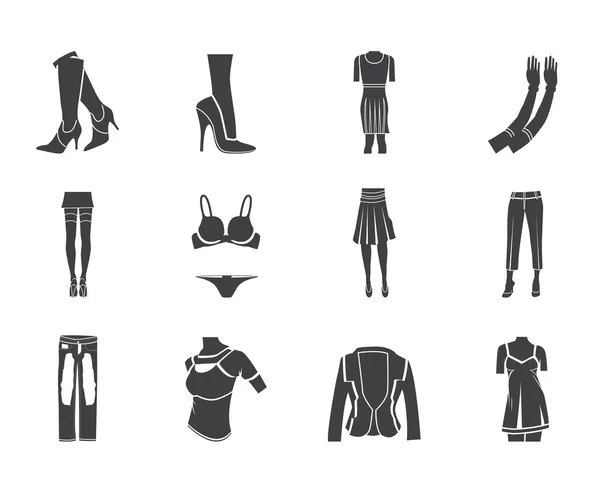 Mulher silhueta e ícones de roupas femininas — Vetor de Stock