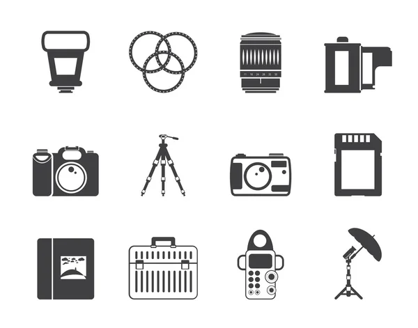 Icone dell'attrezzatura fotografica di silhouette — Vettoriale Stock