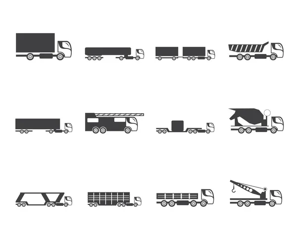 Silhouette diversi tipi di camion e autocarri icone — Vettoriale Stock