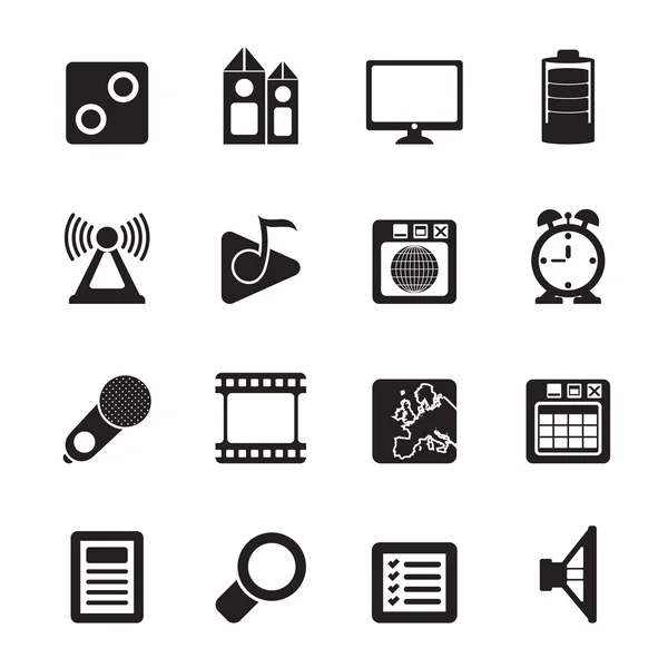 Silhouette Mobile phone performance, internet and office icons — Stock Vector