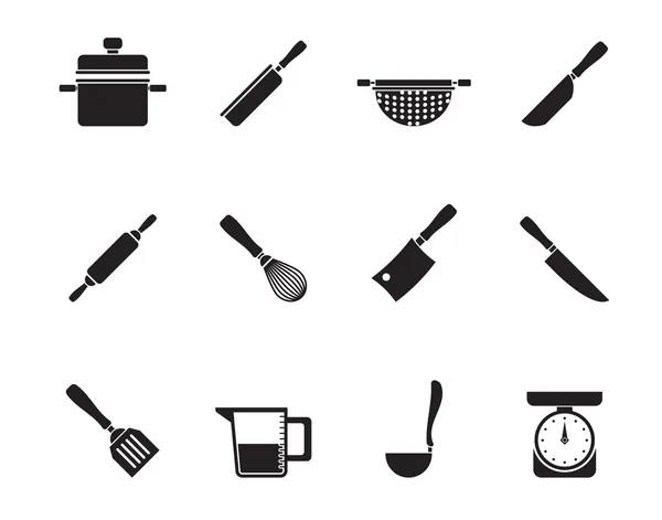 Silhouet koken uitrusting en gereedschap pictogrammen — Stockvector